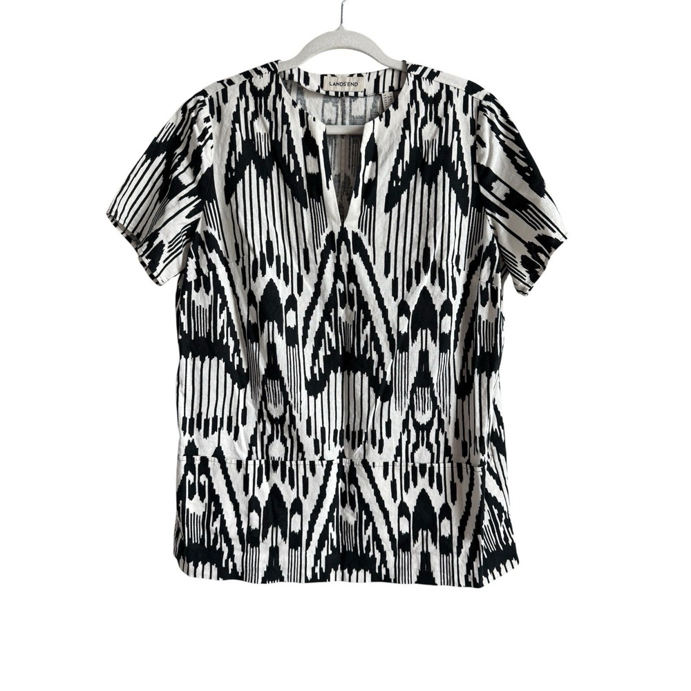 Land's End Women's Tribal Ikat Black White V-Neck Pullover Linen Tunic Top Sz 12